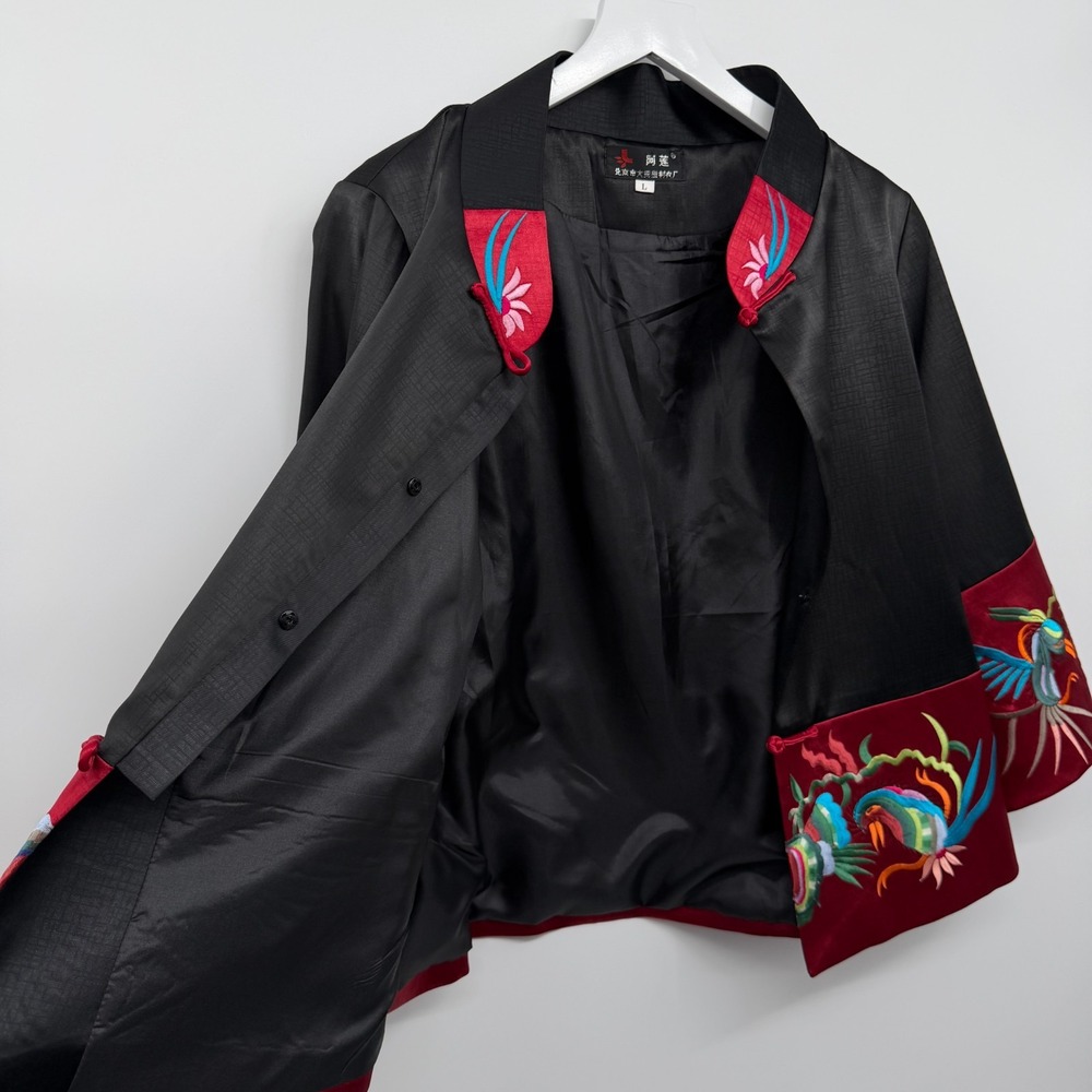 Embroidered Oriental Embroidered Jacket Womens Large 3/4 Sleeve Satin Dragon - Picture 6 of 12